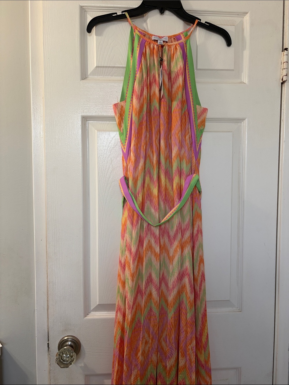 Current Air Multicolor Chevron Halter Maxi Dress with Green Accents